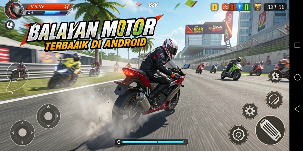 Screenshot gameplay menunjukkan balapan motor dengan grafis menawan.