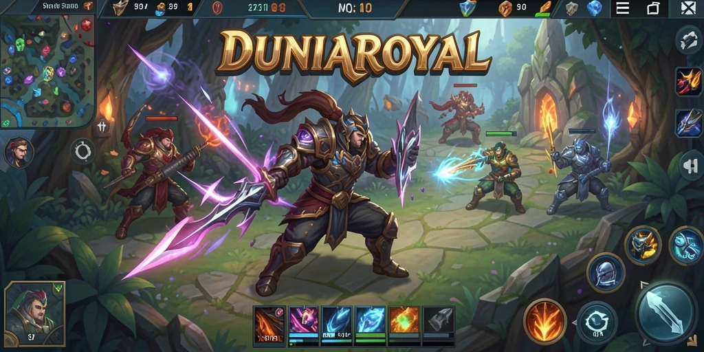 Screenshot gameplay DUNIAROYAL menampilkan aksi pertempuran yang intens.