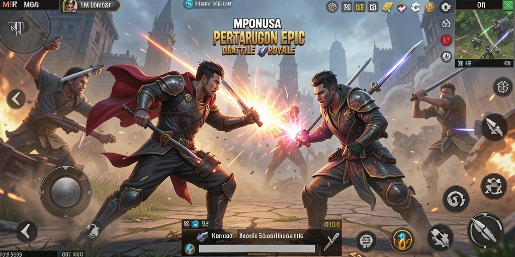 Screenshot gameplay MPONUSA menampilkan momen seru dalam pertempuran Battle Royale.