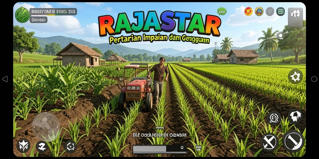 Screenshot gameplay RAJASTAR menampilkan pertanian yang kaya dan hidup.