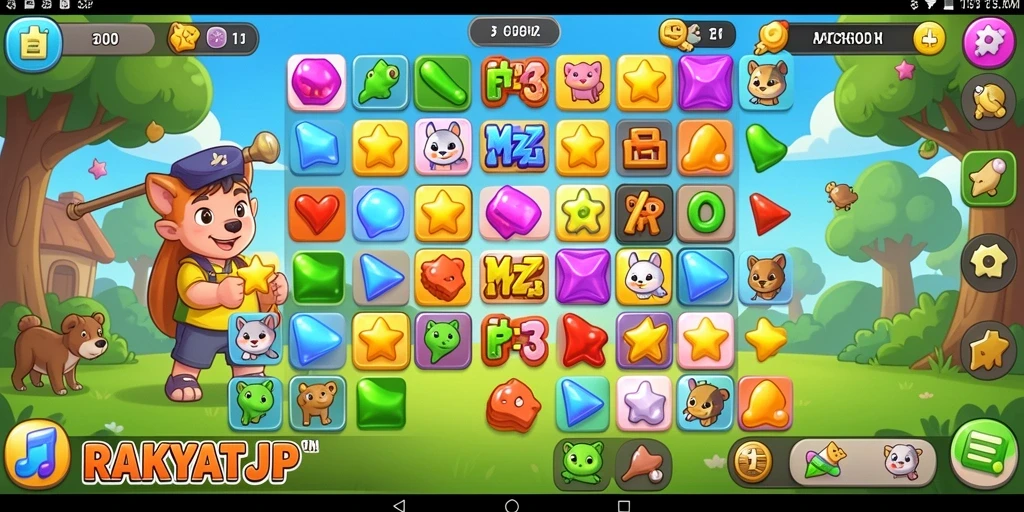 Screenshot gameplay RAKYATJP yang menunjukkan berbagai kombinasi warna-warni.