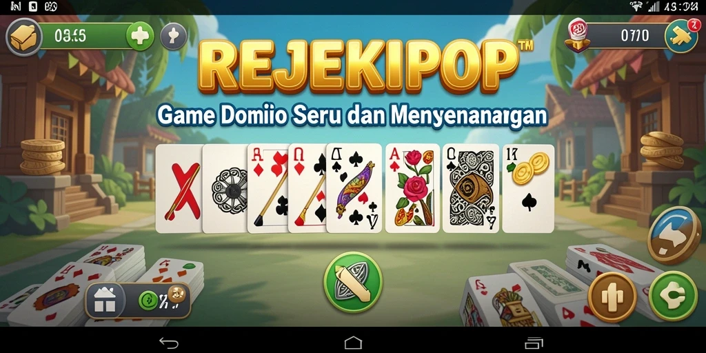 Screenshot utama gameplay REJEKIPOP menampilkan permainan Domino yang seru.