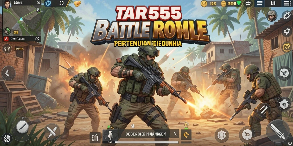 Tampilan aksi gameplay menyerupai pertempuran Battle Royale yang mendebarkan.